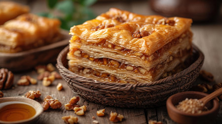 Baklava with honey and nuts on wooden table, closeupの素材