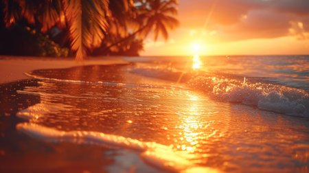 Tropical beach with palm tree and beautiful sunset in the backgroundの素材