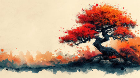Watercolor painting of a tree in red and orange tones. Autumn backgroundの素材