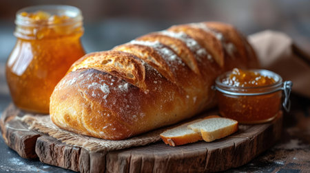 Homemade bread with apricot jam on a wooden board.の素材