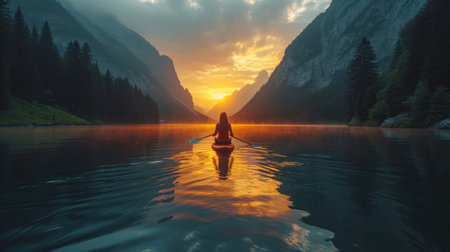 Woman paddling a canoe on a lake in the mountains at sunsetの素材