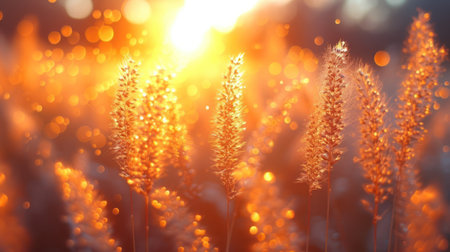 Grass flower field at sunset. Nature background. Sunlight.の素材