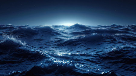 Blue sea surface with waves and stars. 3d render illustration.の素材