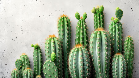 Cactuses on light background, top view. Space for textの素材