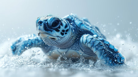 Blue sea turtle with water drops on a white background. 3d renderingの素材