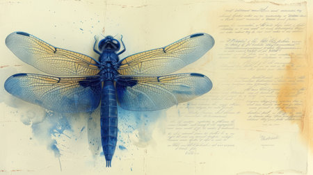 Blue dragonfly on old paper background with copy space for text.の素材