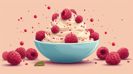 Raspberry ice cream in bowl with falling raspberries and mint leaves. Vector illustration.の素材
