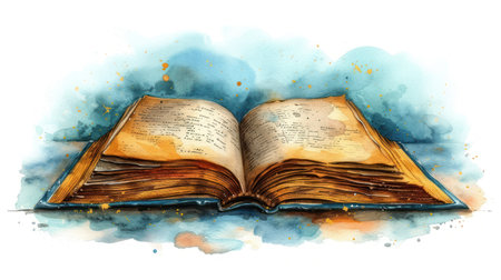 Watercolor illustration of an open old book on a white background.の素材