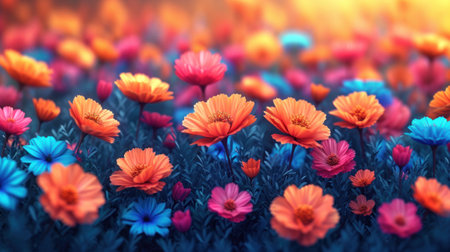 Colorful cosmos flowers blooming in the garden at sunset. Natural floral background.の素材