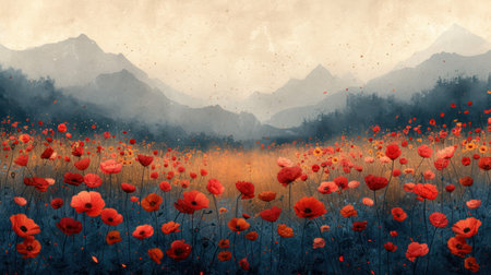Poppy field with mountains and fog. Digital painting, background illustration.の素材