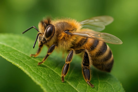 Amidst the verdant embrace of nature, a solitary bee stands poised on a leaf, its wings spread wide in anticipation of flight. .の写真素材