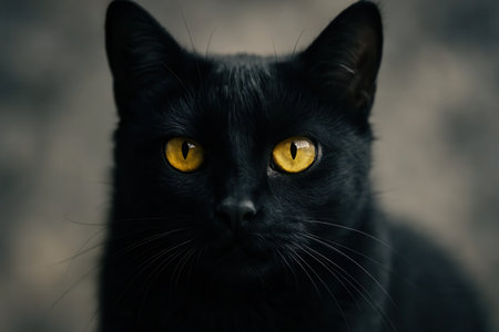 The Piercing Eyes of a Black Cat Against a Textured Gray Backdrop. .