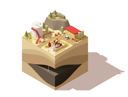 isometric low poly oil pumpjack extracting oil. Illustration includes pumpjack, oil tank and ground cross sectionのイラスト素材