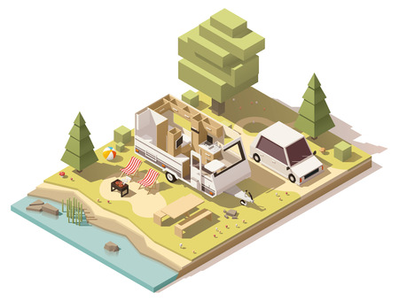 Vector isometric low poly camper in campsiteのイラスト素材