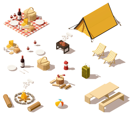Vector isometric low poly camping equipmentのイラスト素材