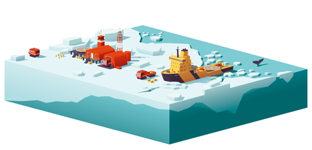 Vector low poly polar station and icebreakerのイラスト素材