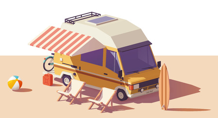 Vector low poly classic station RV camper van, deckchairs and surfing board