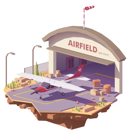 Vector low poly airfield with hangar and airplaneのイラスト素材