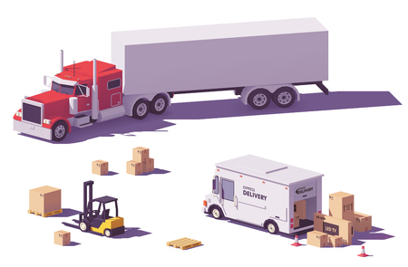 Vector low poly trucks and forkliftのイラスト素材