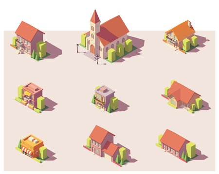 Vector low poly isometric buildings setのイラスト素材