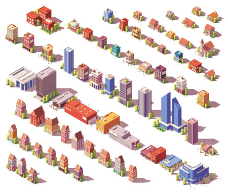 Vector low poly isometric buildings setのイラスト素材