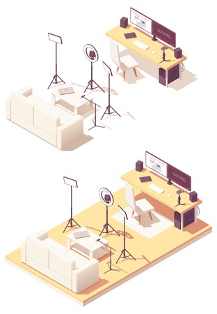 Vlogger or Video blogger studio equipment. Vector isometric room cross-section desk, desktop pc, DSLR camera, studio lighting kit, microphone, smartphone with steadicam and sofaのイラスト素材