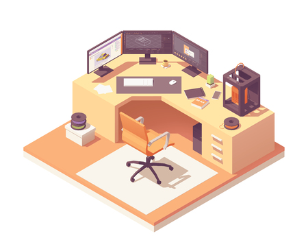 3d modeling artist office or studio workspace. Vector isometric room cross-section with desk, 3d printer, desktop pc with multi-display setup, office chair, 3d printer filament spoolsのイラスト素材