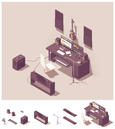 Vector isometric home music recording studio equipment. Includes keyboards, guitar, amplifier, audio interface, microphone, headphones, desk and computer with sound editing softwareのイラスト素材
