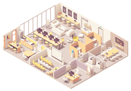 Vector isometric modern coworking space interior plan with open space, workplaces, conference room, copy room, presentation room, cubicles and kitchenのイラスト素材