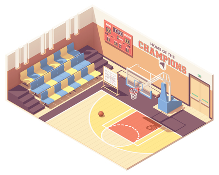 Vector isometric school, college or university gymnasium basketball court interior cross-section. Rows of seats, basketball goal, scoreboardのイラスト素材