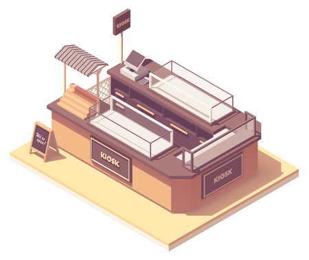 Vector isometric mall retail kiosk or retail merchandising unit. Showcases, cash register, credit card payment terminalのイラスト素材
