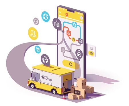 Vector parcel and mail delivery service and tracking app illustration, Smartphone with yellow delivery truck, map of the parcel route on the screenのイラスト素材