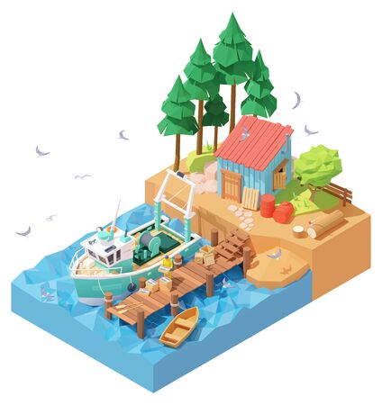 Vector isometric fisherman unloading catch from docked fishing trawler. Wooden pier, moored fishing vessel or ship, man holding box with fresh fish, fisherman house, flock of seagulls flying aroundのイラスト素材