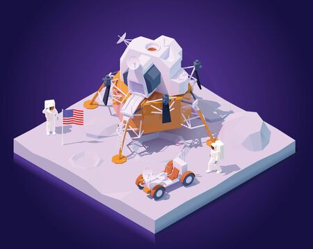 Vector isometric astronauts on Moon mission. Two astronauts walking on Moon surface, Apollo lunar landing module, lunar roving vehicle or rover, flag of the USAのイラスト素材