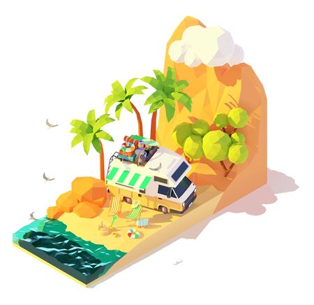 Vector isometric camper on the beachのイラスト素材