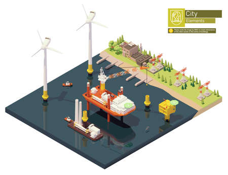 Vector isometric offshore wind farm constructionのイラスト素材