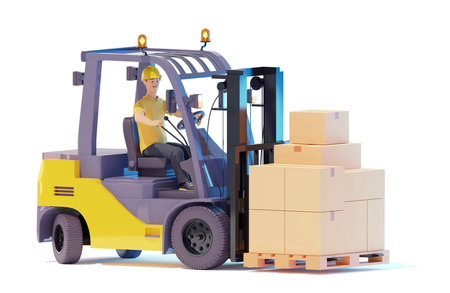 Forklift truck driver lifting pallet with boxesの写真素材