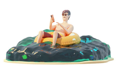 Smiling man relaxing on inflatable pool float