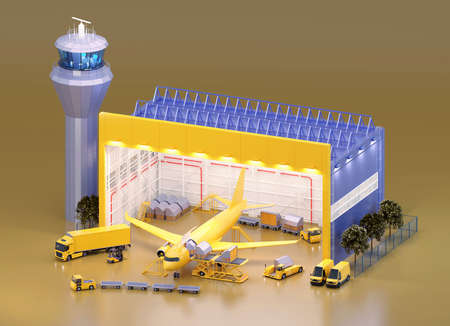 Loading unit load devices on cargo airplane in airport hangar. Aircraft containers, loading platform, airport cargo transporters. Air freight transportation. 3d illustrationの写真素材