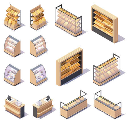Vector isometric bakery store stands and shelvesのイラスト素材