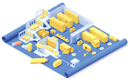 Vector isometric warehouse building on blueprint