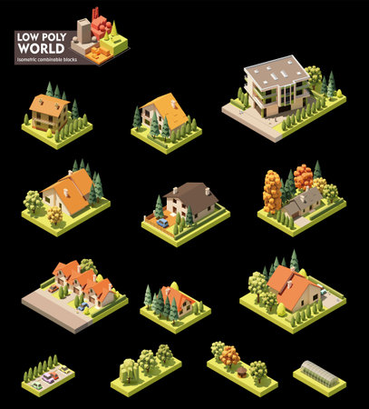 Vector isometric town map elementsのイラスト素材