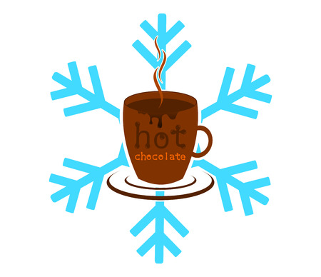 A brown mug of hot chocolate with the words: hot chocolate. Background with snowflake.のイラスト素材