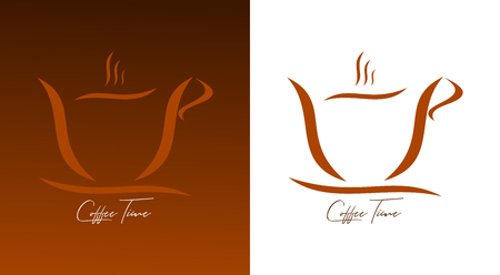 A cup of coffee on white and brown background. Caption under the cup. Graphic icon of cup of coffee.のイラスト素材