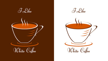 A cup of coffee in white and brown. A cup on a saucer. Graphics for the website, menu or advertising materials. Caption: I like white coffee.のイラスト素材