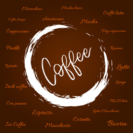 Graphics on a pad for cup. Different types of coffee around the text and a coffee stains.のイラスト素材