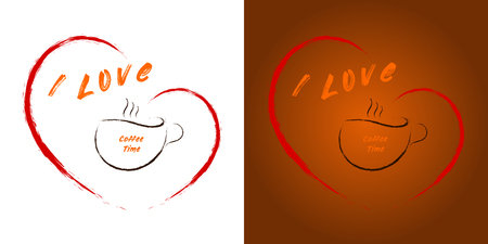 I like coffee time. Red heart painted with a brush. A cup of coffee in the heart with the words: Coffee time. Graphics on a brown background.のイラスト素材