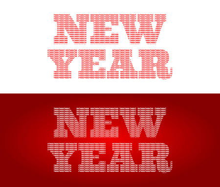 Graphics for the New Year. Two versions of graphics: on a white and a red background. Each big letter is made of small words: happy.のイラスト素材