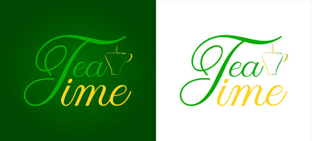 Yellow-green text with a cup of tea. Graphics on a green and white background. The green leaves cover the bottom of the cup. Graphics for an advertising, a website, a banner, a poster.のイラスト素材