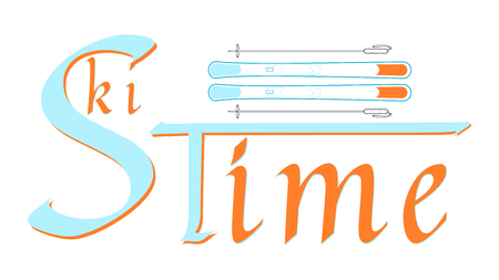 Ski time. Graphic for an advertising banner, a website or a poster. Blue text and ski equipment.のイラスト素材